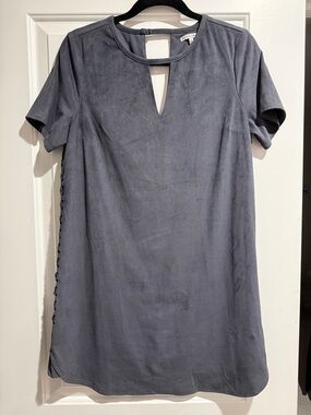 Black Swan Faux-Suede Short Sleeve Shift Top - Slate Gray with lace up detail